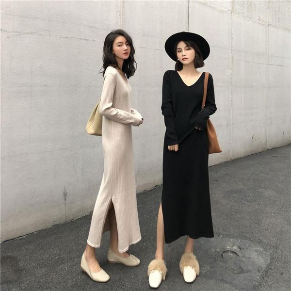 

women's hoodies & sweatshirts 2021 autumn sisters outfit one-step skirt korean style long-sleeved v-neck dress, Black