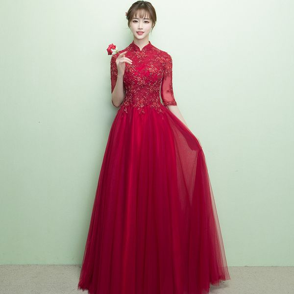 

wine red pregnant women bride toast long wedding banquet 2021 stand collar evening drs, White