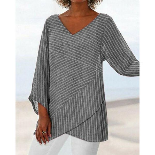 

stripe blouse office regular lady elegant print v neck long sleeve blouse 2021 new autumn womens and blouses plus size, White