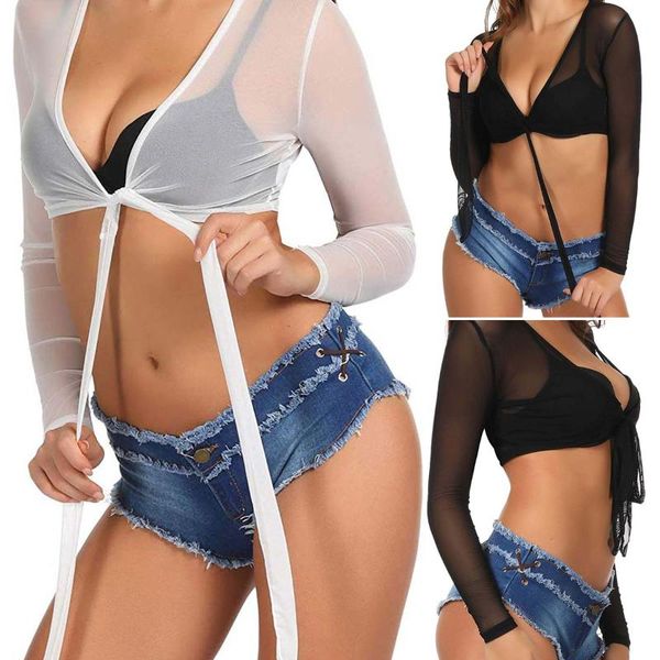 

women's blouses & shirts 2021 women beach short blouse mesh sheer long sleeve summer female solid black white