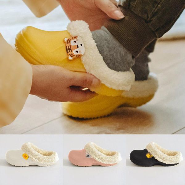 

slipper kids warm lined slippers boys girls home waterproof indoor & outdoor garden shoe shoes for children, Black;grey