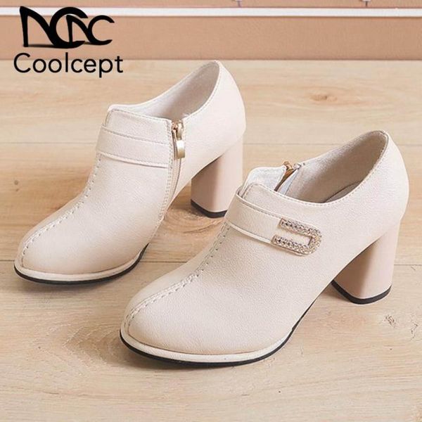 

dress shoes coolcept office ladies pumps fashion crystal buckle zipper high heel women round toe party spring footwear size 35-39, Black