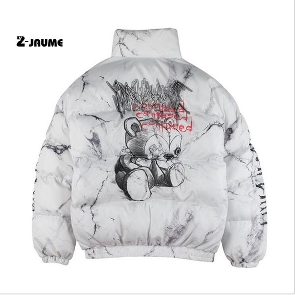 

hip hop jacket parka hurt bear print men winter windbreaker streetwear harajuku padded coat warm outwear hipster 211119, Black