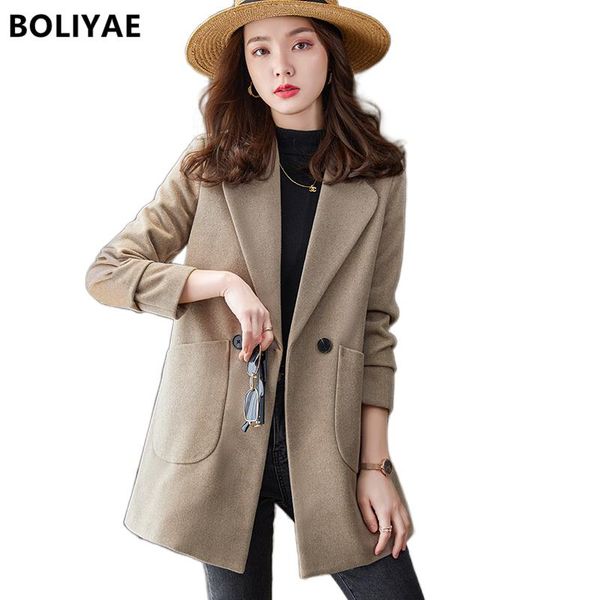 

women's wool & blends boliyae 2021 autumn winter coat women casual temperament overcoat female jacket elegant black khaki long blazer t
