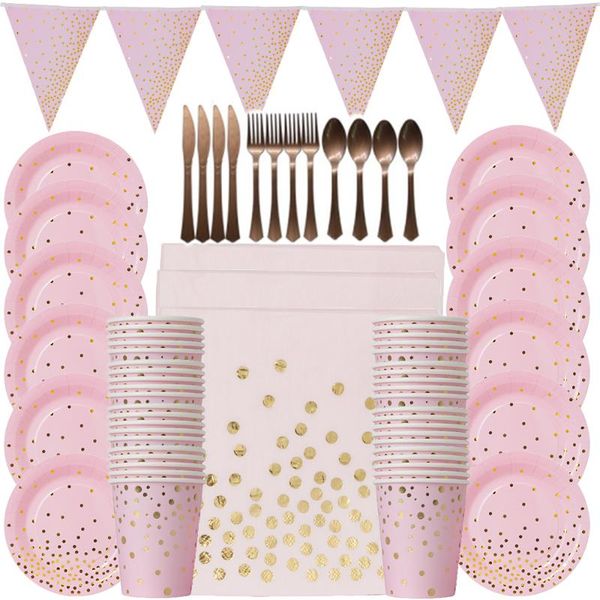 

disposable dinnerware pink gold birthday party decorations tableware set table decoration paper cups plates straws wedding supplies
