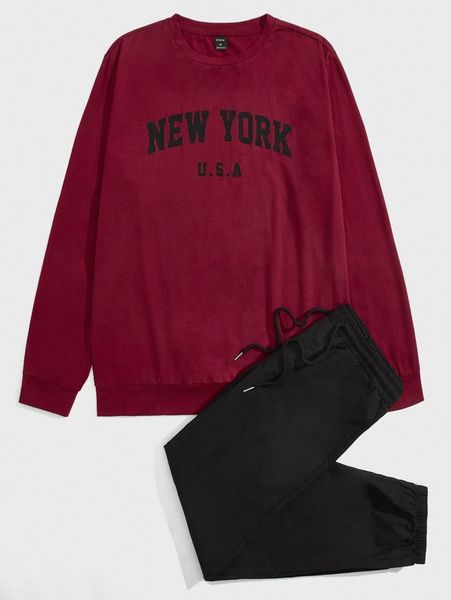 

men letter graphic pullover & drawstring waist pants m29u#, Gray
