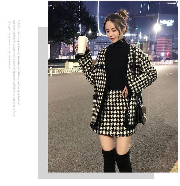 

skirts houndstooth vintage two piece sets outfits women autumn cardigan and mini skirt suits elegant ladies fashion 2, Black
