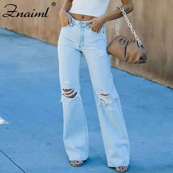 

women's jeans znaiml woman high waist clothes wide leg ripped hole denim clothing blue streetwear vintage 2021 harajuku straight pants