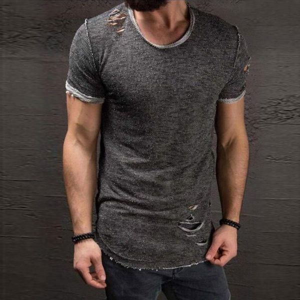 

men's t-shirts summer short sleeve t shirt men fashion hip hop gothic hole design o-neck solid color casual man's t-shirt, White;black
