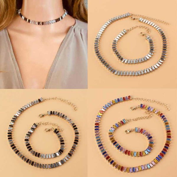 

chokers fashion luxury rhinestone necklace bracelet set vintage alloy woman exquisite jewelry gift girl, Golden;silver