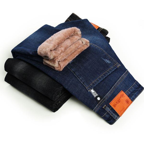 

2021 new thermal warm flannel stretch jeans mens winter quality famous brand fleece pants men straight flocking trousers jean male seve, Blue
