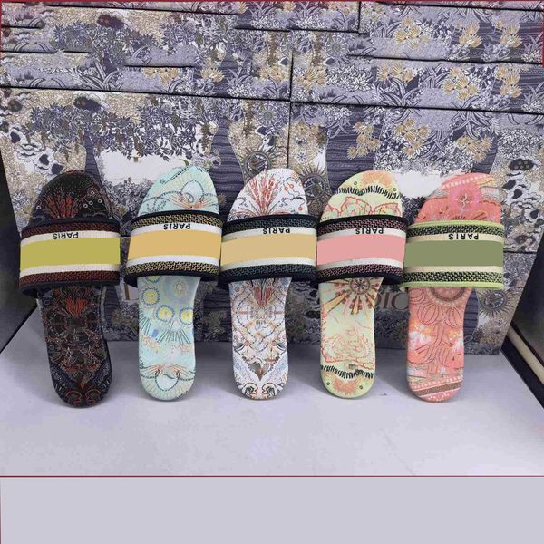 

paris womens slippers sandals beach slide girls flat slipper scuffs shoes summer ladies flip flops knitted embroidery slides with box, Black