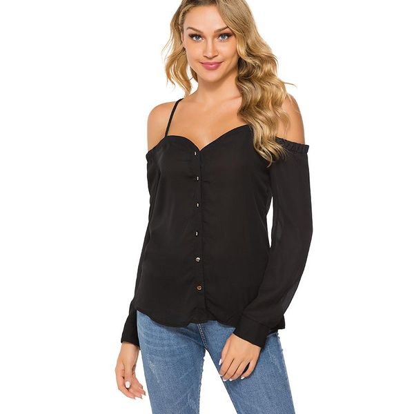 

women's t-shirt chiffon(polyester) harajuku aesthetics sling button solid color off-shoulder long-sleeved fashion casual elegant, White