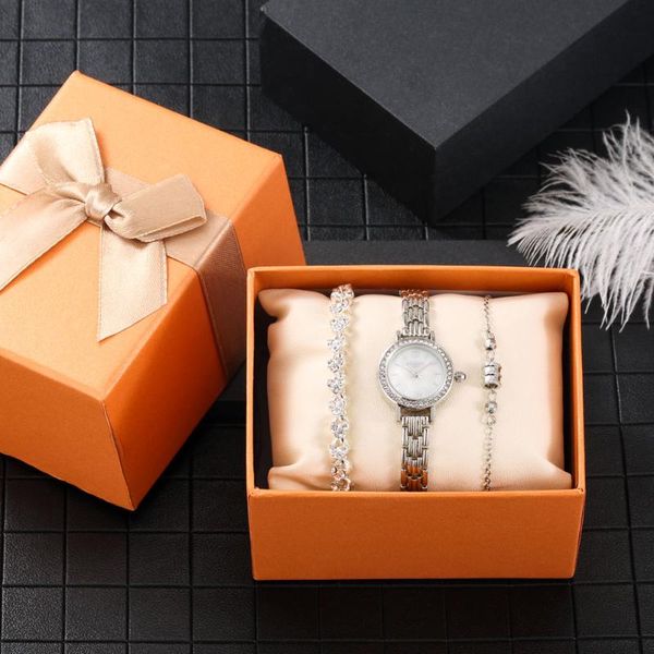 

wristwatches luxury female bangle watches gift set with elegant bracelets quartz hook buckle bracelet wristwatch fashion box sets, Slivery;brown
