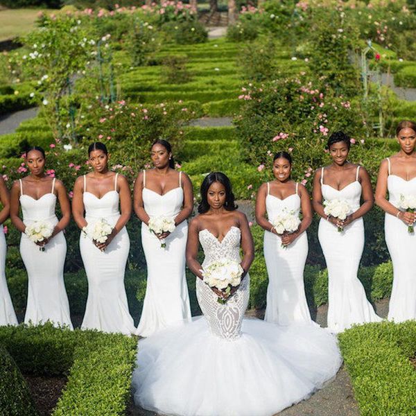 

2021 simple bridesmaid dresses mermaid sweep train with spaghetti straps custom made maid of honor gown plus size country wedding vestido, White;pink