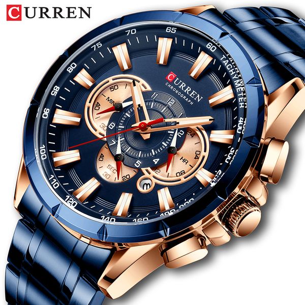 

curren mens watch luxury brand big dial blue quartz men watches chronograph sport wristwatch man stainless steel date clockg, Slivery;brown