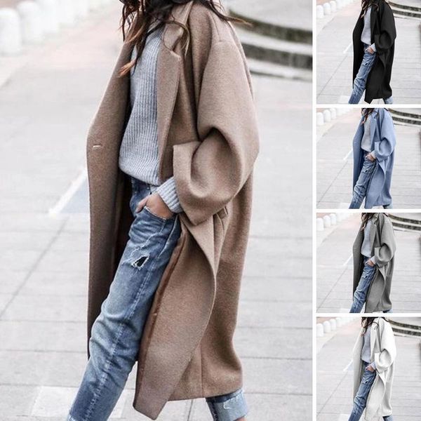 

women's wool & blends 2021 women elegant solid long coat autumn winter casual warm woolen jackets sleeve oversize outwear, Black