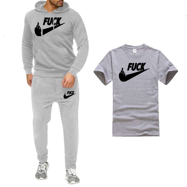 

2021 men's short sleeve t-shirt spoof sports middle finger street casual suit, Gray