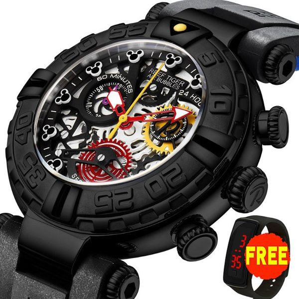 

wristwatches reef tiger/rt black men watch big skeleton waterproof rubber strap chronograph sdate sport watches rga3059-s, Slivery;brown