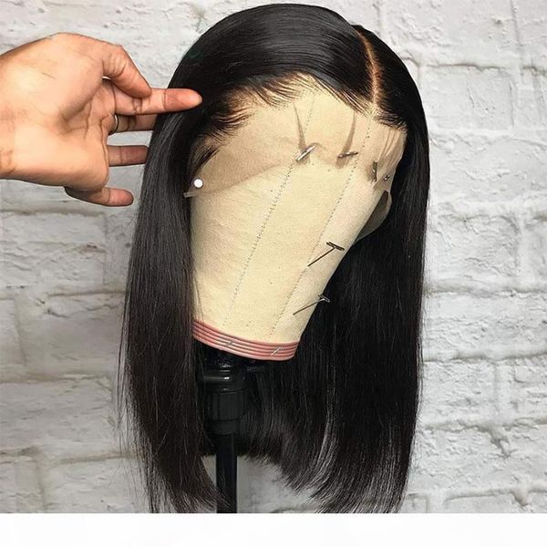 

brazilian wig straight short bob human hair wig pre-plucked remy lace frontal wig 8-14 inch, Black