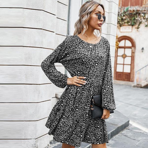 

casual dresses autumn spring leopard ladies midi dress loose basic female long sleeve o-neck women outwear a-line, Black;gray
