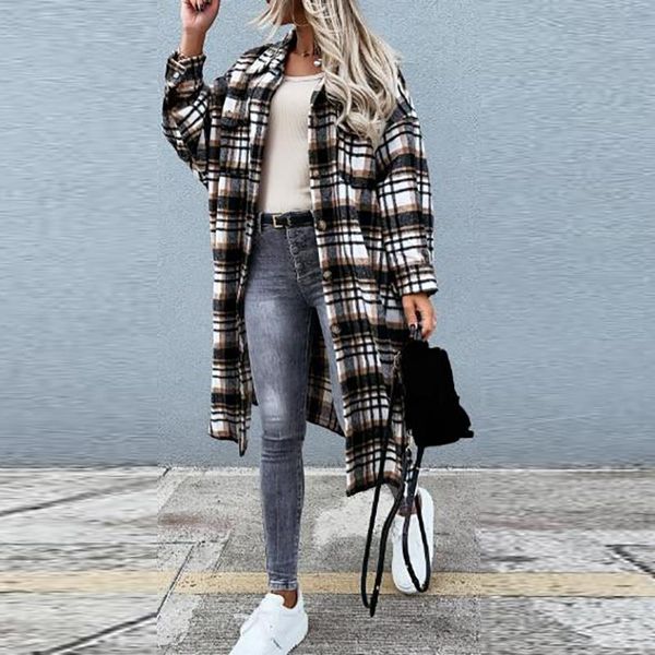 

women's jackets women shirt coats autumn button long irregular plaid print sleeve lapel outerwear with flap pockets female, Black;brown