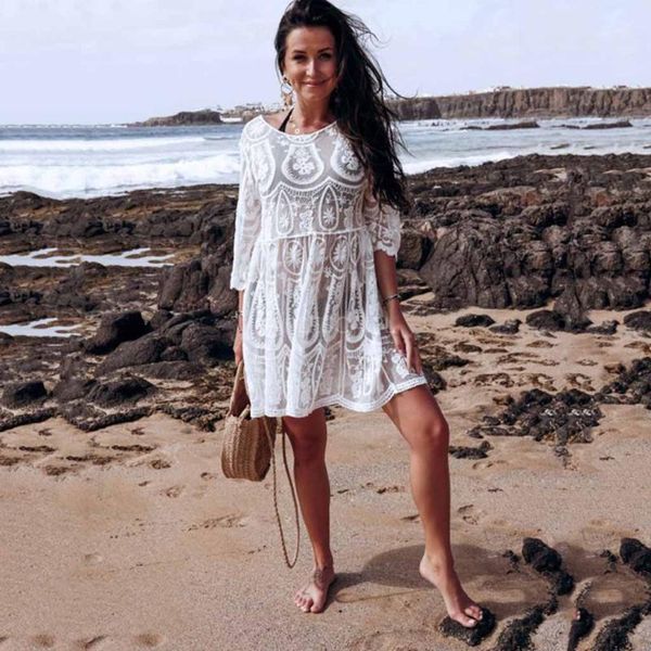 

women's swimwear women solid beach cover v-neck hand hook embroidered stitching smock hollow loose ladies bat sleeve 2021 #t1g, White;black