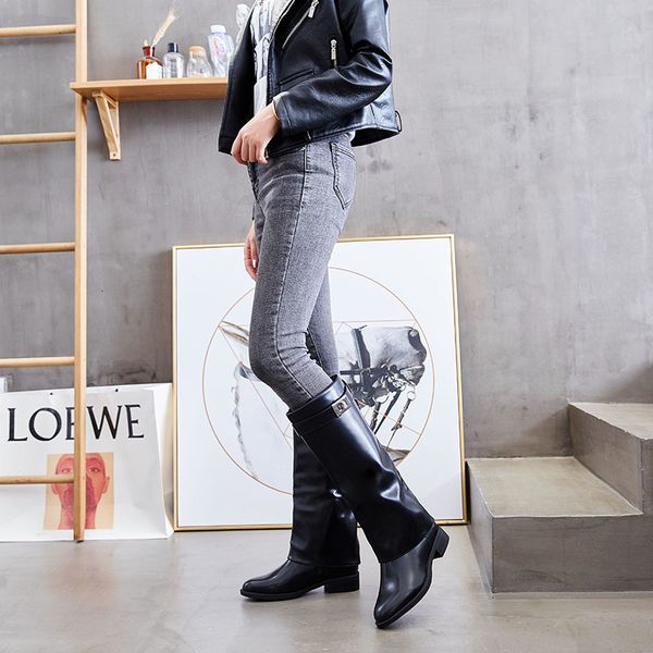 

boots [gogd] botas femininas da moda, calçado de couro preto, com zíper, fivela trançada diamante, faixa tamanhos 36-41, qnan, Black