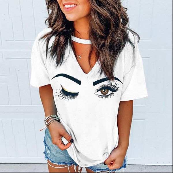

new s 5xl plus size women eyes eyelashes v neck tshirts halter tees ladies clothes harajuku summer short sleeve t shirt, White