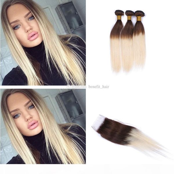 

ombre brwon and blonde silky straight 3bundles hair with closure two tone #4 613 virgin hair weft extension with lace closure, Black;brown