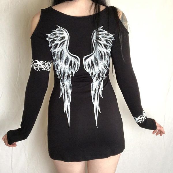 

casual dresses women's gothic long sleeve dress fashion rhinestone wing shoulder back hollow round neck slim fit y2k halloween mini, Black;gray