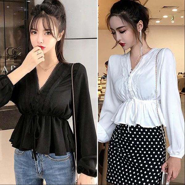 

autumn sweet casual shirt fashion long sleeved lace v neck shirt sweet ruffled elegant clothes drop shipping, White