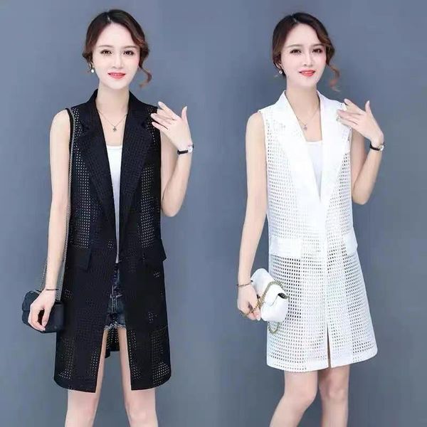 

women's vests #0790 summer see throught vest coat women single button long thin outerwear sunscreen waistcoat hollow out, Black;white