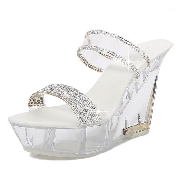 

high heel sandals transparent pearl diamond 10 cm nightclub ladies comfortable wedge crystal sole women's shoes large size slippers1, Black
