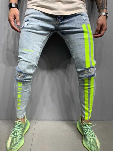 Jeans de jeans masculinos rasgou homens magros listrados com zíper de jeans lavagem vintage hip hop work tourspers slim impresso european grande tamanho y2303