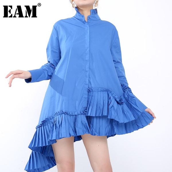 

casual dresses [eam] women blue pleated asymmetrical shirt dress stand collar long sleeve loose fit fashion spring autumn 2021 1d70105, Black;gray