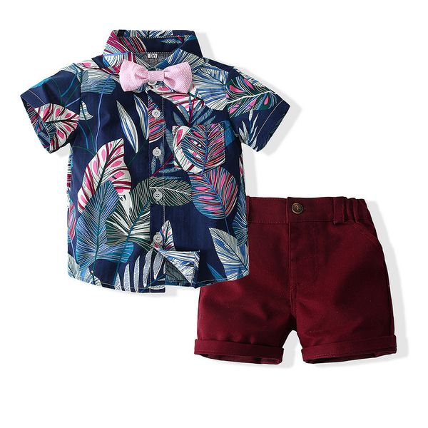 

boy clothing set summer fashion floral short sleeve bowtie shirt+shorts boy casual clothes gentleman 2pcs suit, White