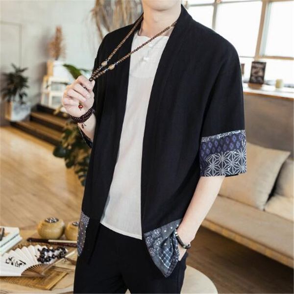 

tang cool 2021 new brand chinese streetwear vintage linen kimono cardigan men shirt 5xl 6av4, White