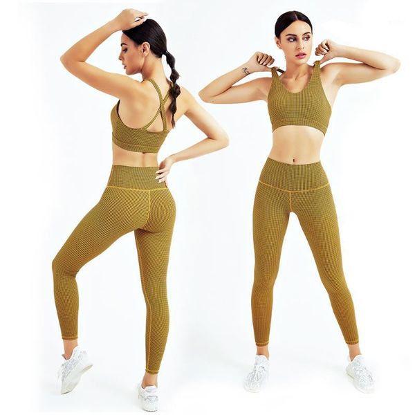

yoga outfit female clothing women plaid set tracksuit fitness 2 piece cross sports bra crop gym leggings suit workout sportswear