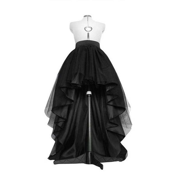 Hoher niedriger schwarzer Tüllrock, asymmetrischer Saum, Tutu, geschichtet, Hochzeit, Brautkleid, hohe Taille, plissierter Abschlussballrock, Gala, stilvoll, Saia 210311