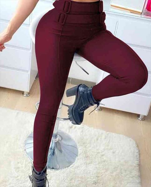 

fashion women high waist pencil pants solid color skinny stretchy long trousers with buckle belts office slim bottoms, Black;white