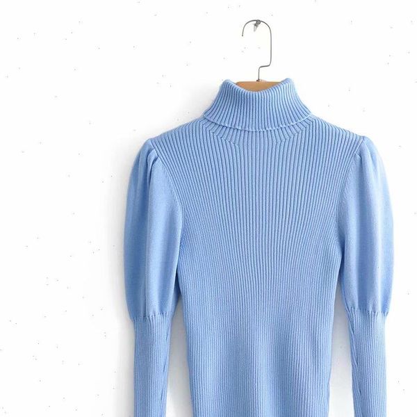 

2021 women fashion turtleneck puff sleeve basic knitting sweater autumn solid color casual slim pullovers chic leisure s086, White;black