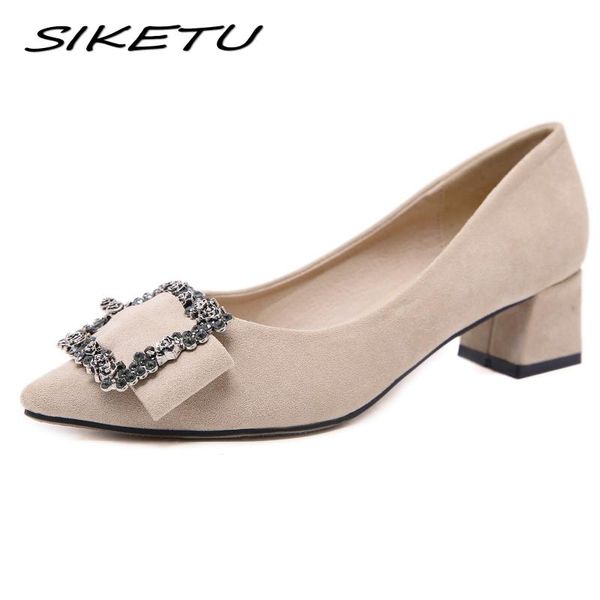 

dress shoes dongcitaci 2021 women med heels woman ol party wedding thick square buckle rivets crystal zapatos de mujer, Black