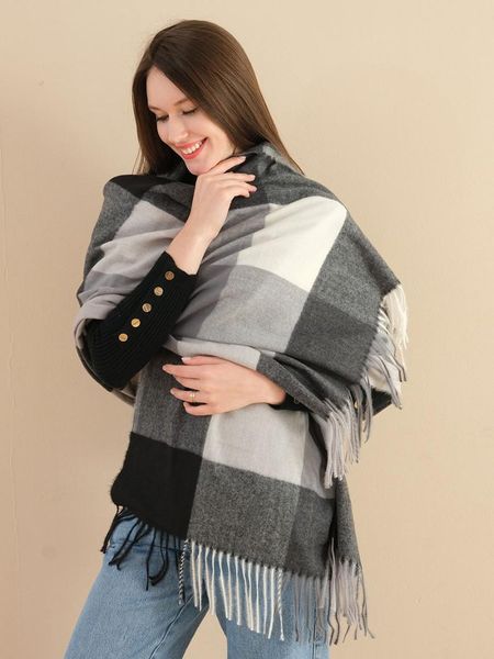 

scarves winter plaid cashmere scarf women thicken warm shawls wraps ladies echarpe pashmina with tassel foulard sf1256, Blue;gray
