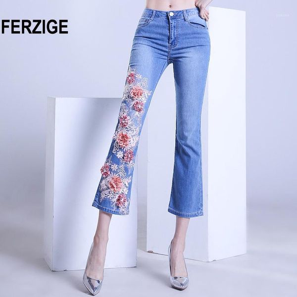 

ferzige women jeans cropped pants high stretch light blue spring and summer embroidery floral flares jeans mujer 2019 yong girls1