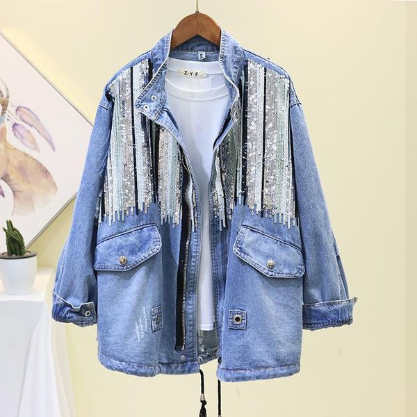 

women's jackets spring autumn women sequins denim jacket fashion bomber long sleeves casual vintage washed jeans colete feminino, Black;brown