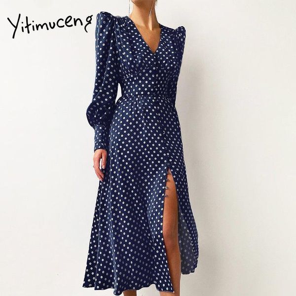 

casual dresses yitimuceng polka dot midi dress for women v-neck lantern sleeve side split 2021 summer french vintage lady party, Black;gray