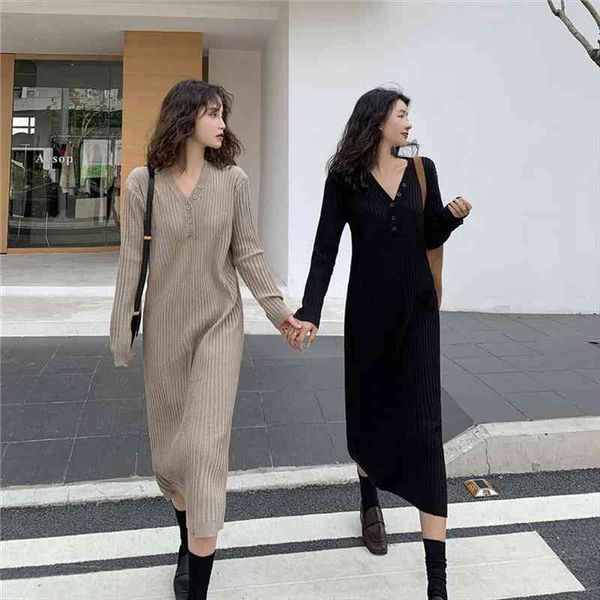 

women spring long sleeve v neck long sweater dress with buttons pullover straight knitted jumper robe, Black;gray