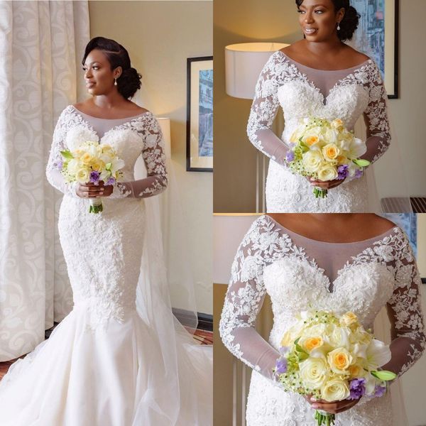 

elegant plus size long sleeve wedding dresses bride gowns 2021 african nigerian jewel neck beaded mermaid lace applique vestido de novia, White