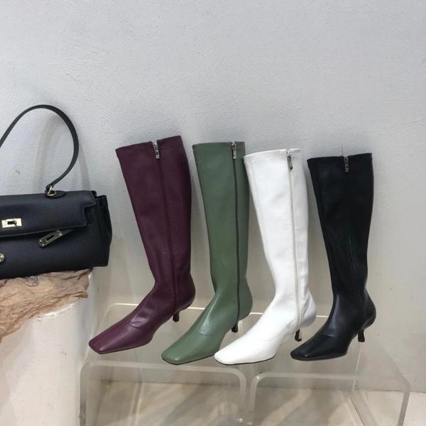 

boots fashion women knee colour square toe ladies autumn winter knight side zipper thin mid heels woman, Black